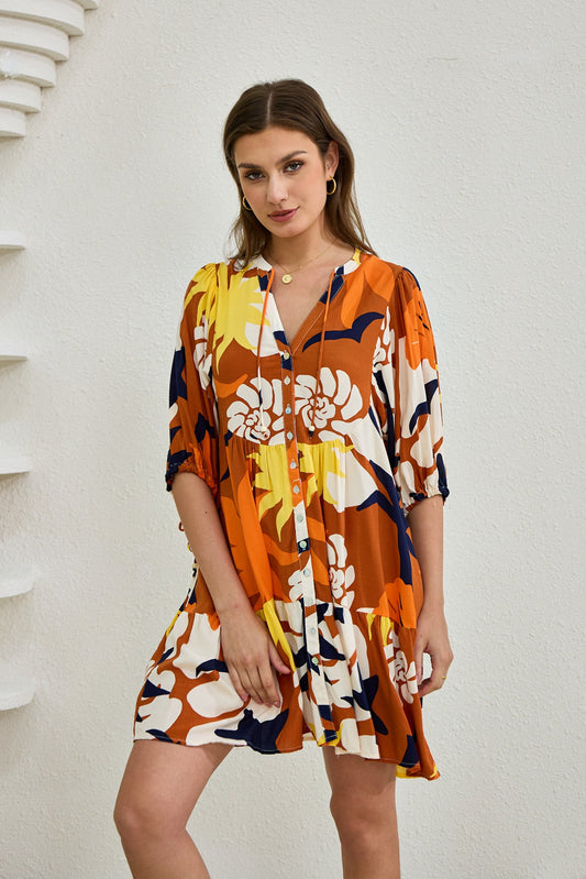 Heychic Esmeralda Abstract Button Down Mini Dress (Orange)
