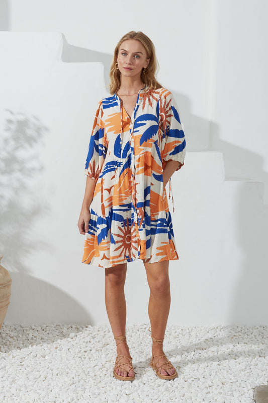 Heychic Tropicana Orange Abstract Button Down Mini Dress (Blue)