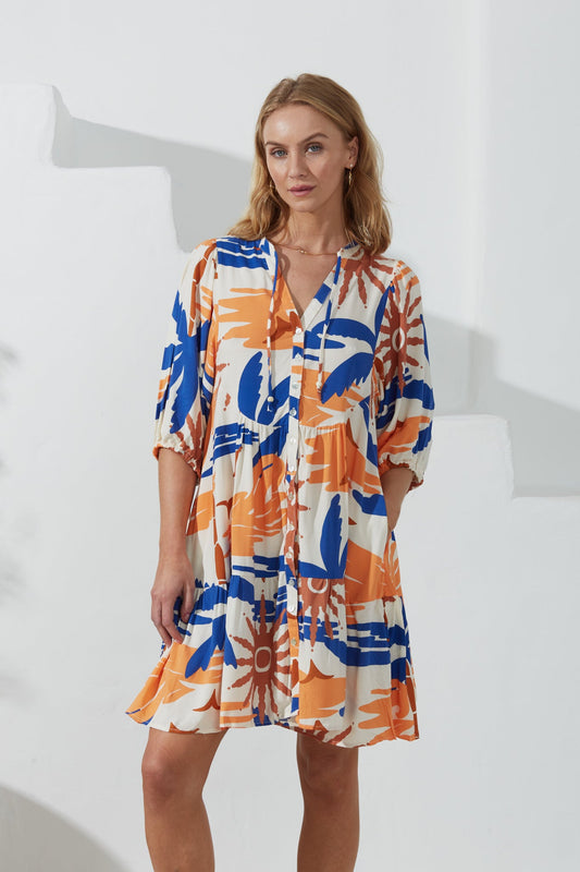 Image of Dresses. Productname: Heychic Tropicana Orange Abstract Button Down Mini Dress in Blue colour by brand - Heychic