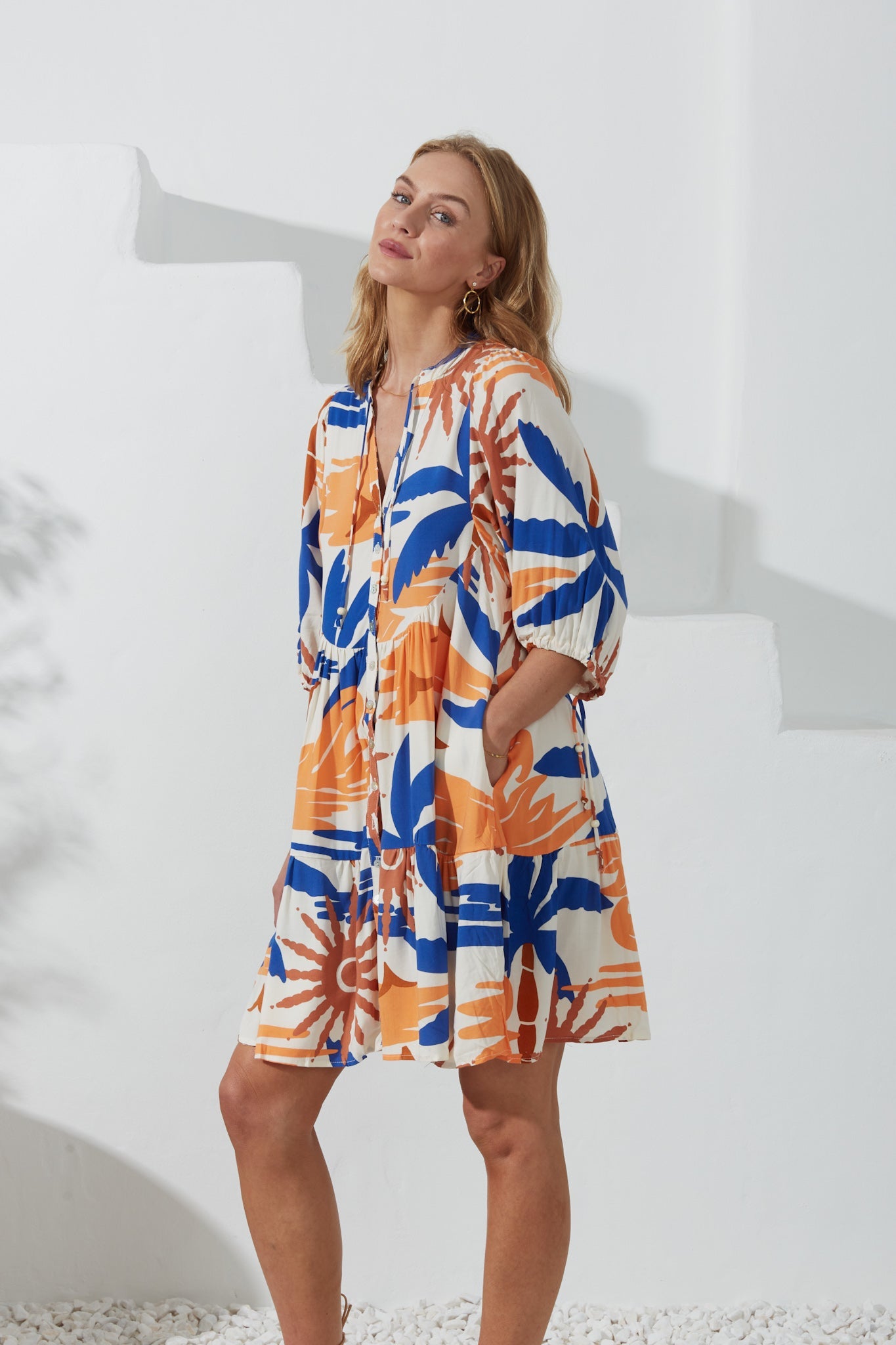 Heychic Tropicana Orange Abstract Button Down Mini Dress (Blue)
