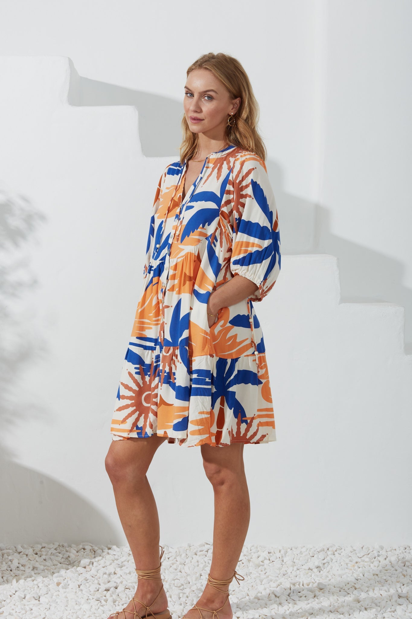 Heychic Tropicana Orange Abstract Button Down Mini Dress (Blue)