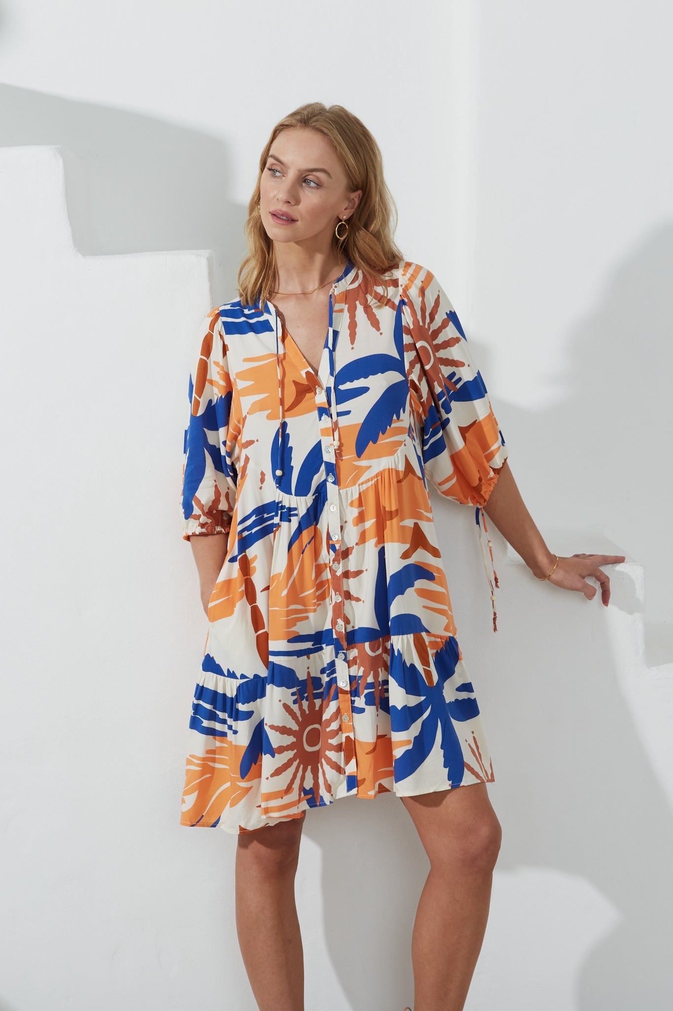 Heychic Tropicana Orange Abstract Button Down Mini Dress (Blue)