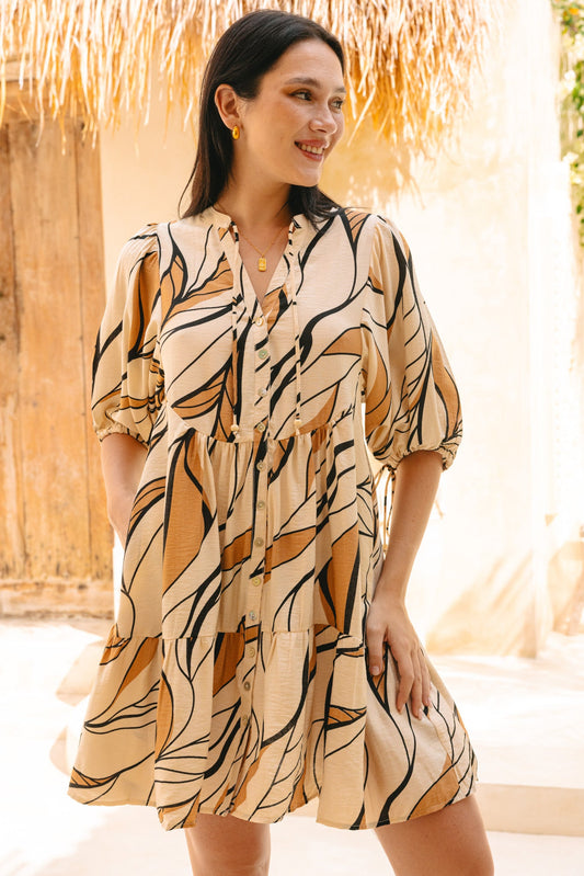 Heychic Rue Abstract Button Down Mini Dress (Beige)