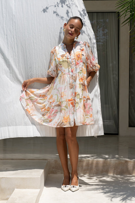 Image of Dresses. Productname: Lillian Orange Floral Button Down Mini Dress in Floral colour by brand - Heychic