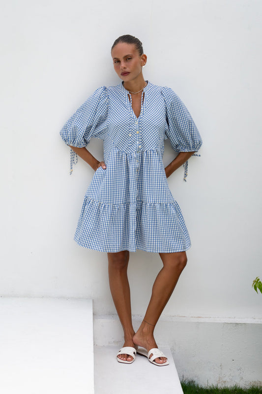 Image of Dresses. Productname: Heychic Emilia Gingham Button Down Mini Dress in Blue colour by brand - Heychic