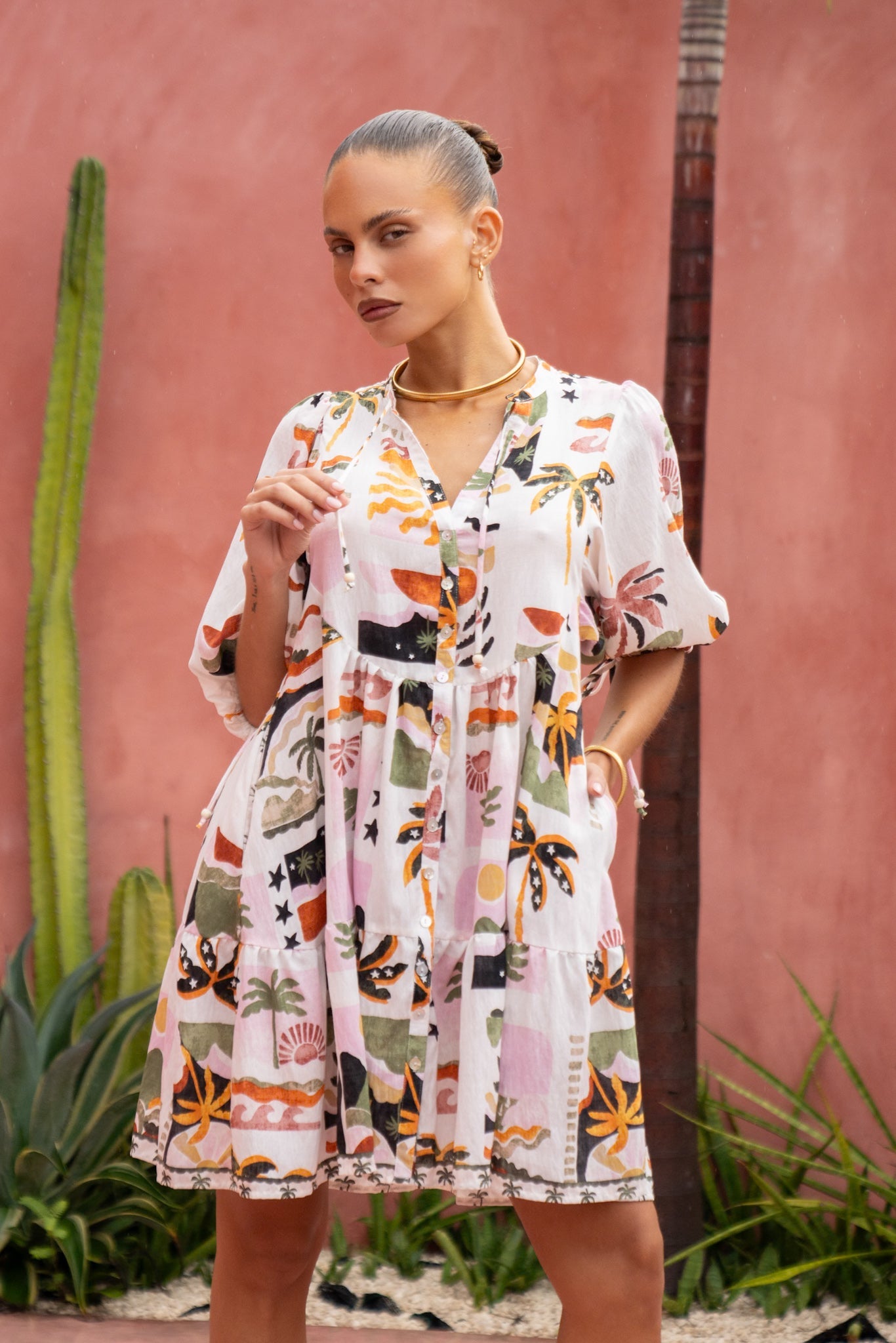 Heychic Aeliana Multicolour Tropical Button Down Mini Dress (Multi)