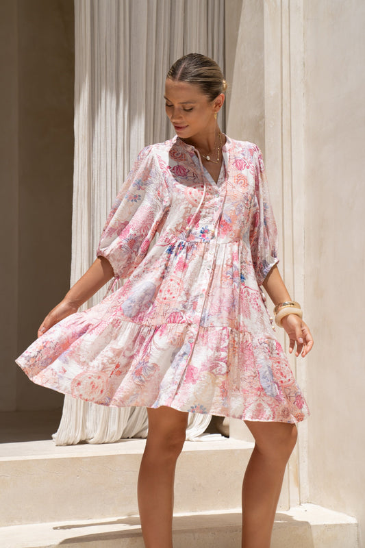 Image of Dresses. Productname: Gezelle Pink Floral Button Down Mini Dress in Floral colour by brand - HEYCHIC