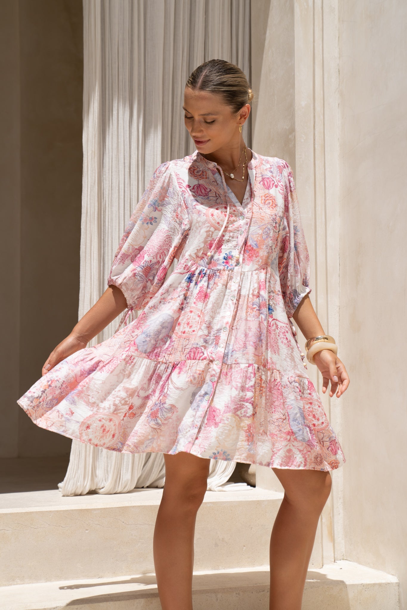 Image of Dresses. Product name - Gezelle Pink Floral Button Down Mini Dress in Floral colour by brand - HEYCHIC
