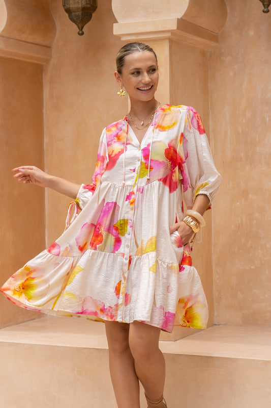 Image of Dresses. Productname: HEYCHIC Jacinta Pink Floral Button Down Mini Dress in Pink colour by brand - HEYCHIC