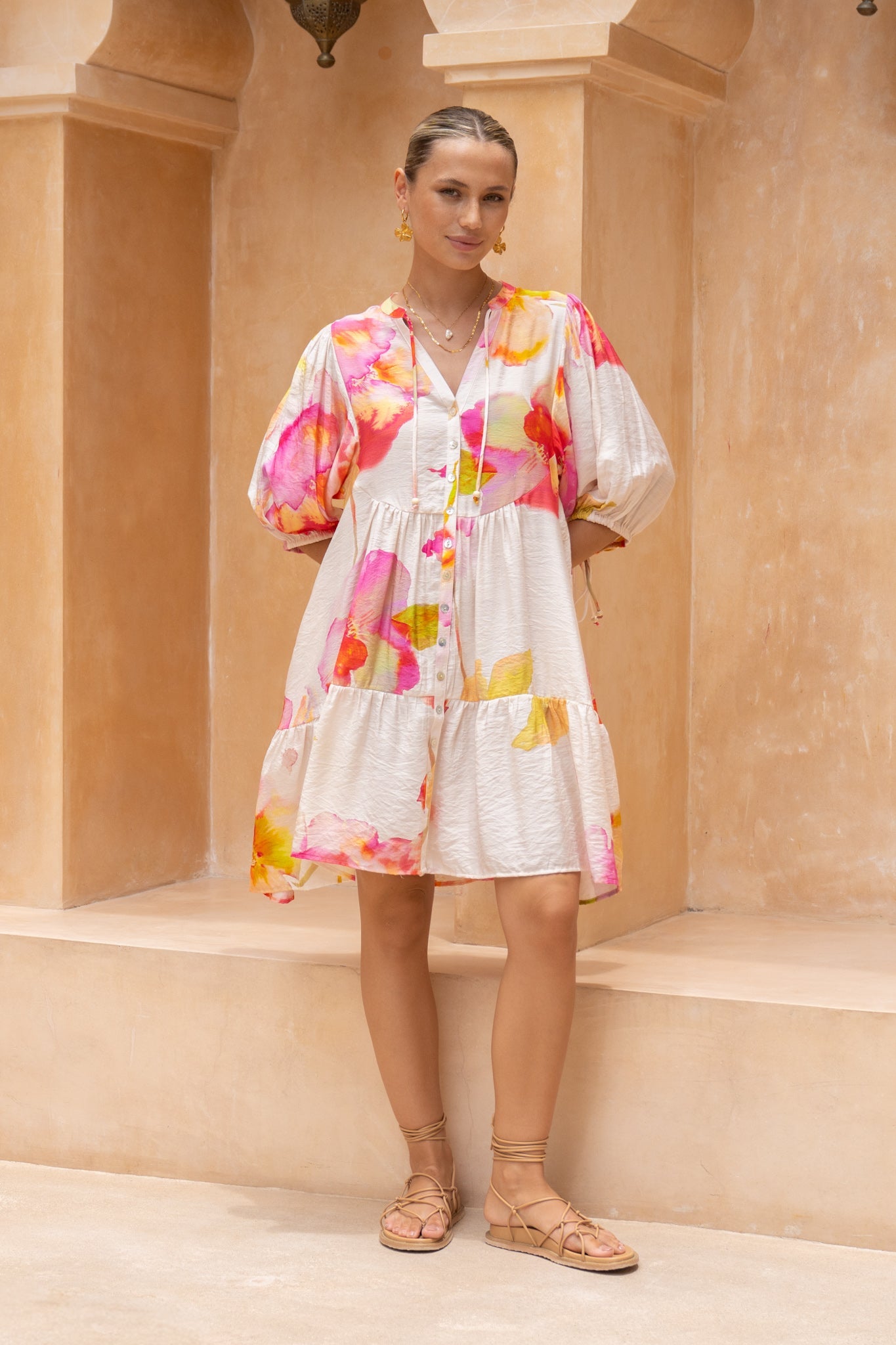 HEYCHIC Jacinta Floral Button Down Mini Dress (Pink)
