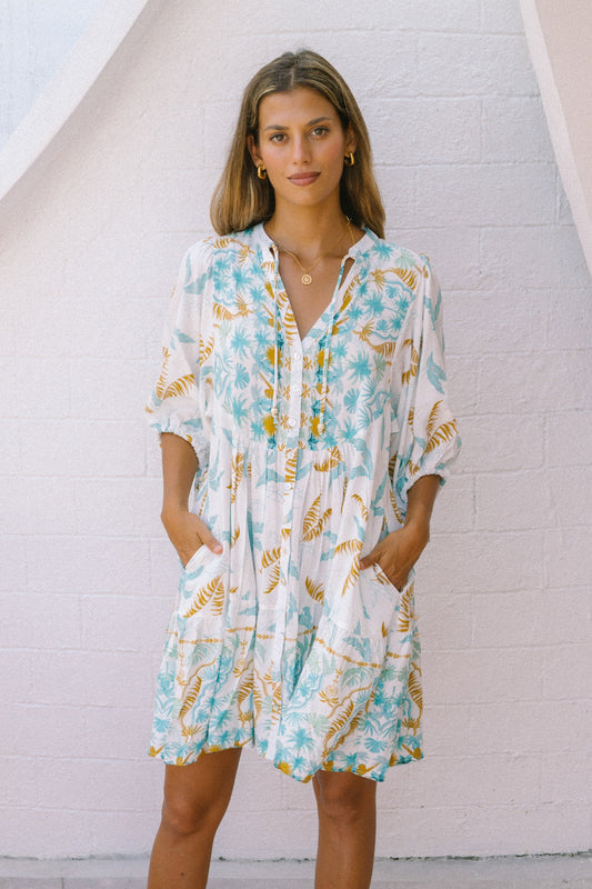 Image of Dresses. Productname: Heychic Wisteria Blue Floral Boho Button Down Mini Dress in Blue colour by brand - Heychic