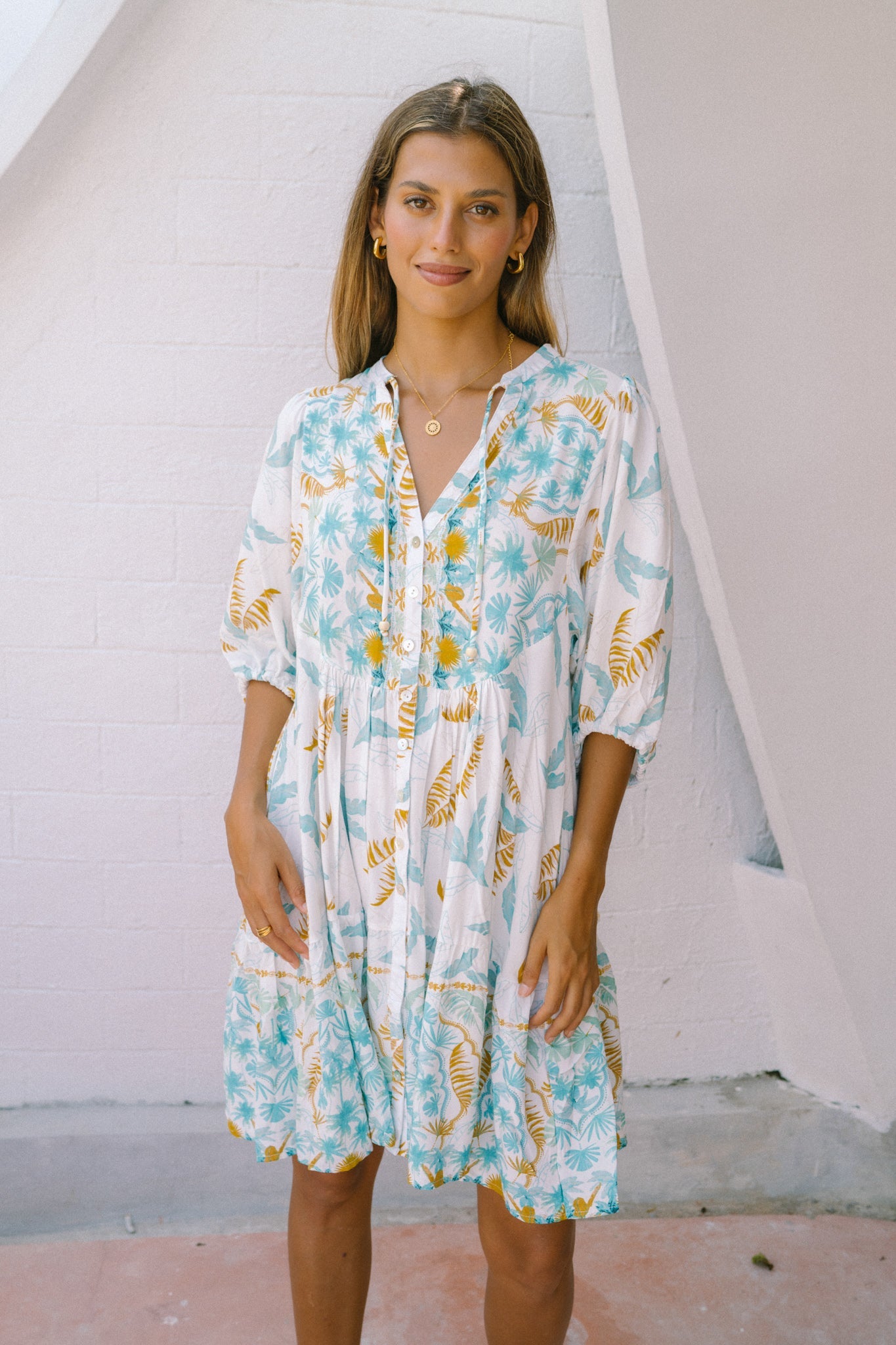 Heychic Wisteria Floral Boho Button Down Mini Dress (Blue)