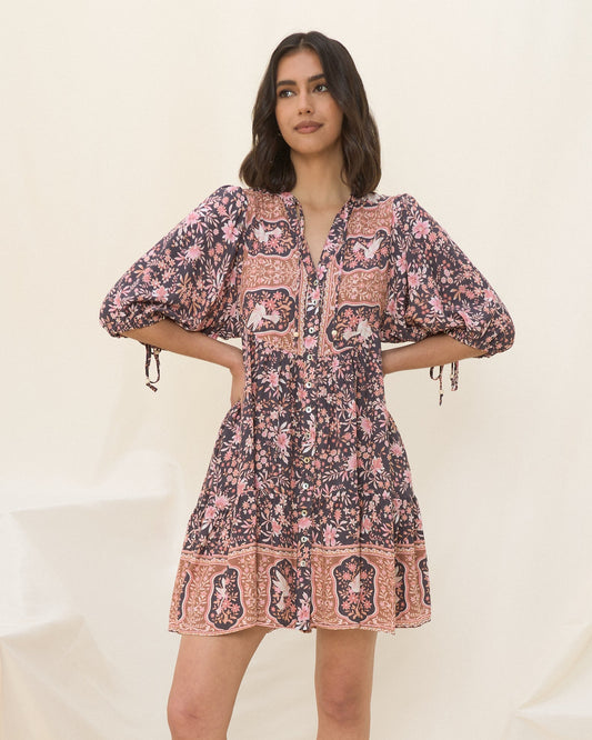 Heychic Araminta Floral Boho Button Down Mini Dress (Purple)