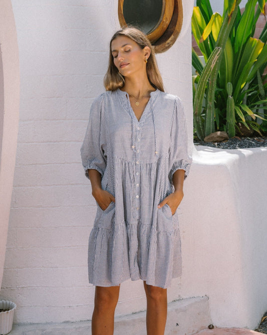 Image of Dresses. Productname: Raleigh Grey Stripe Button Down Mini Dress in Grey colour by brand - Heychic