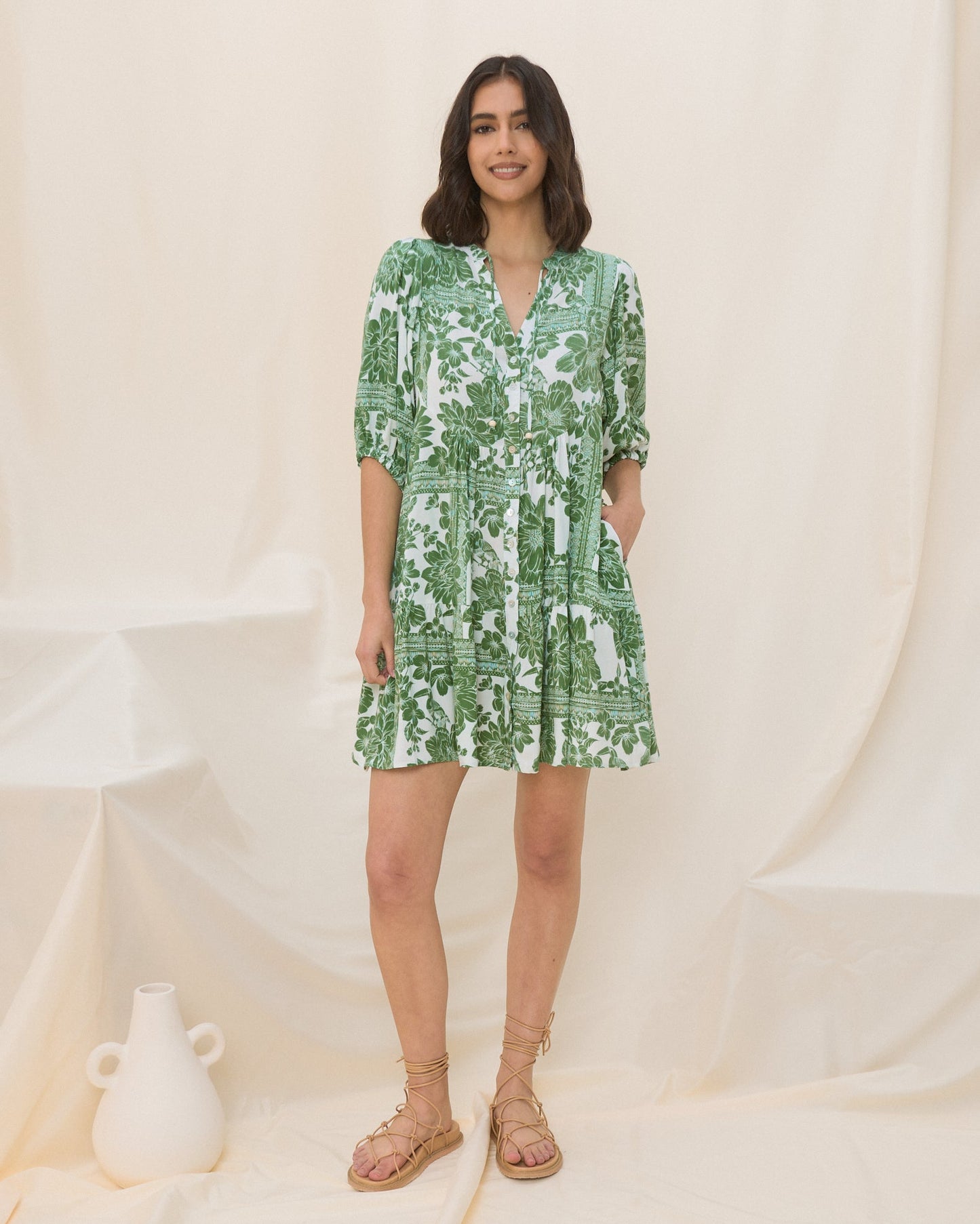 Heychic Viridiana Green Button Down Mini Dress (Floral)