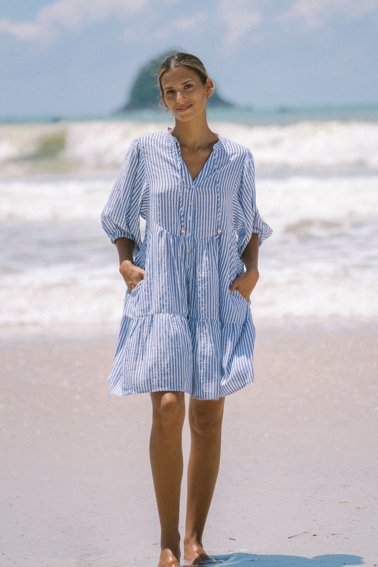 Image of Dresses. Productname: Heychic Riley Blue Stripe Button Down Mini Dress in Blue colour by brand - Heychic