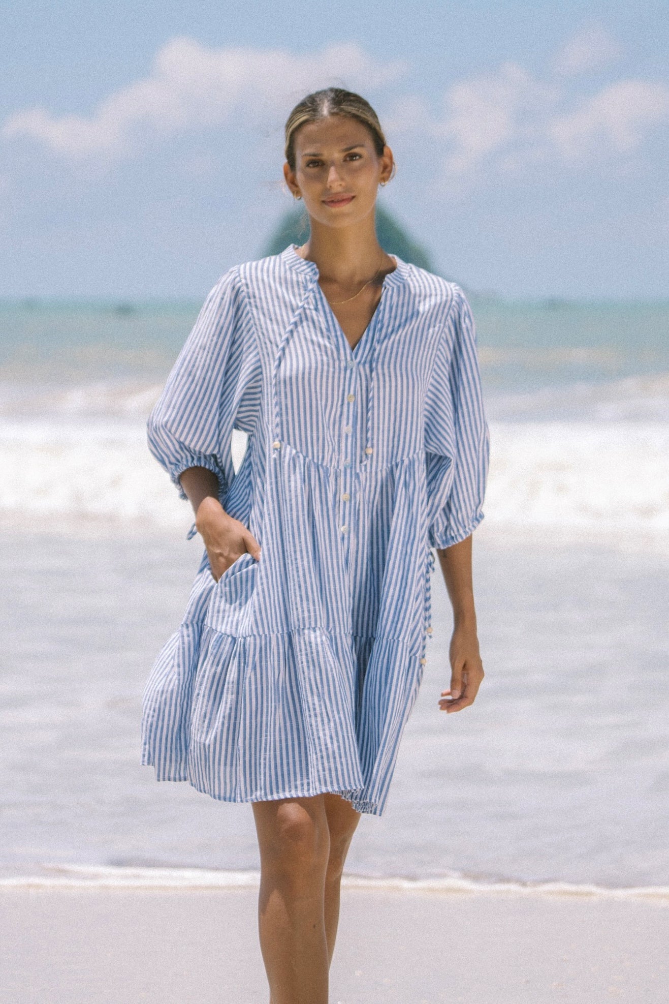 Heychic Riley Stripe Button Down Mini Dress (Blue)