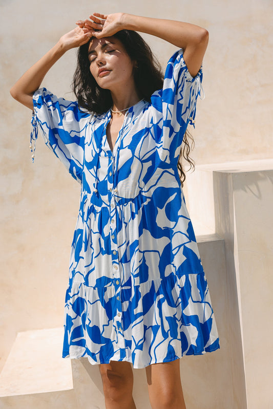 Image of Dresses. Productname: Heychic Calypso Abstract Button Down Mini Dress in Blue colour by brand - Heychic