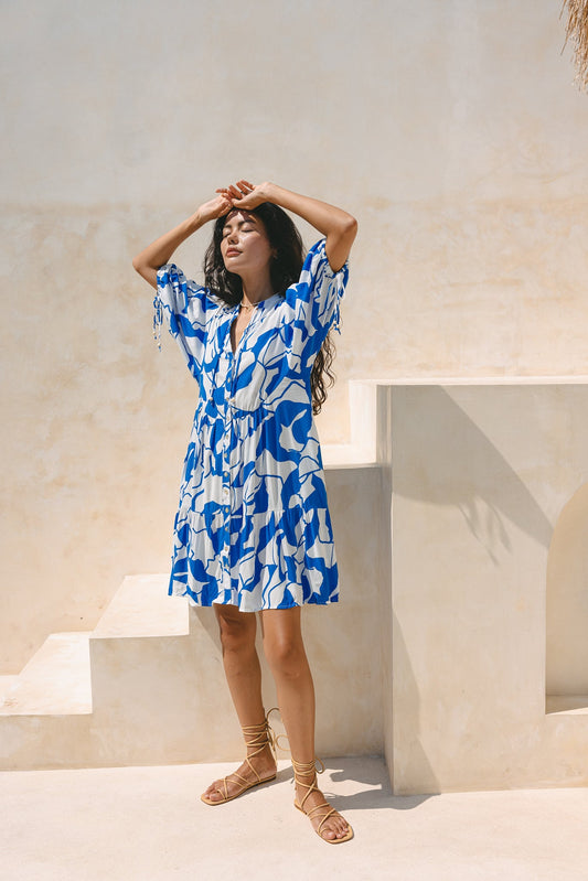Heychic Calypso Abstract Button Down Mini Dress (Blue)