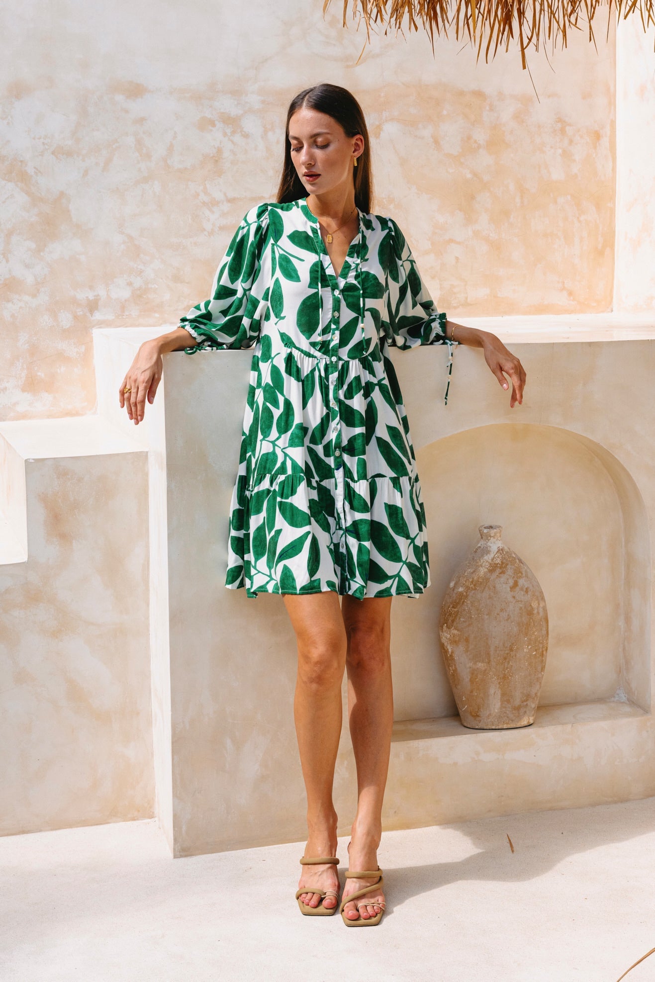 Image of Dresses. Productname: Heychic Ivy Green Tropical Button Down Mini Dress in Green colour by brand - Heychic