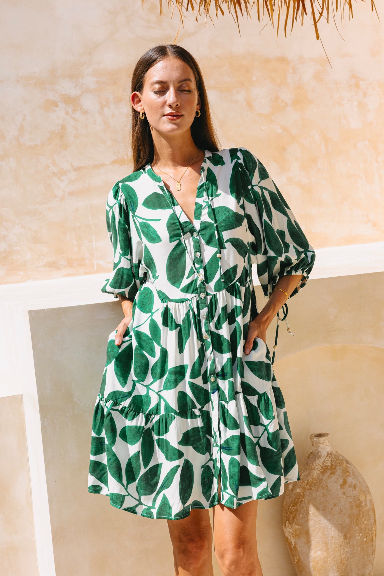 Heychic Ivy Tropical Button Down Mini Dress (Green)