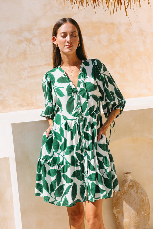 Heychic Ivy Tropical Button Down Mini Dress (Green)