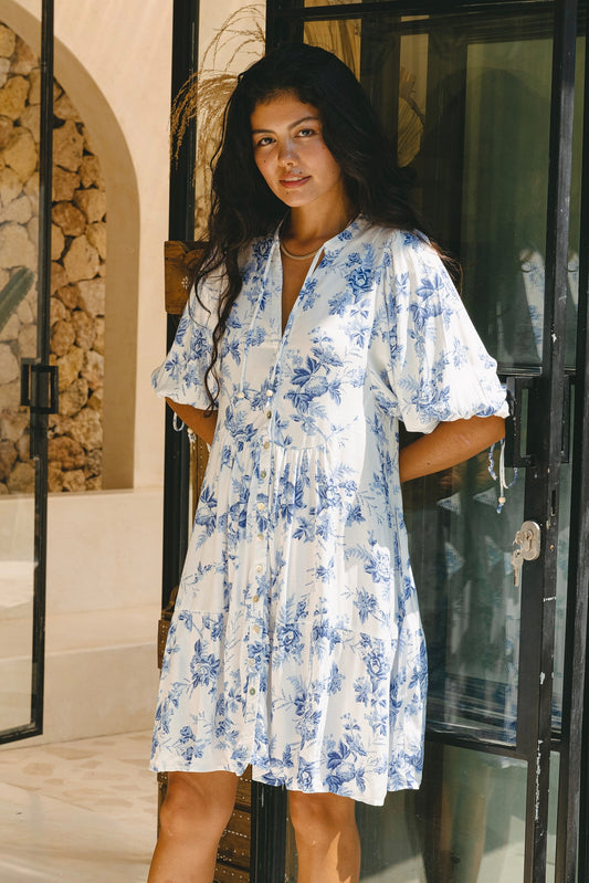 Heychic Rosette Floral Button Down Mini Dress (Blue)