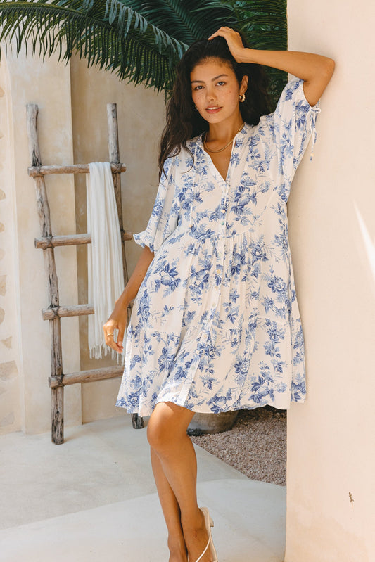 Image of Dresses. Productname: Heychic Rosette Floral Button Down Mini Dress in Blue colour by brand - Heychic