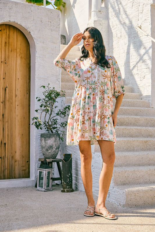 Heychic Paloma Green Tropical Button Down Mini Dress (Brown)