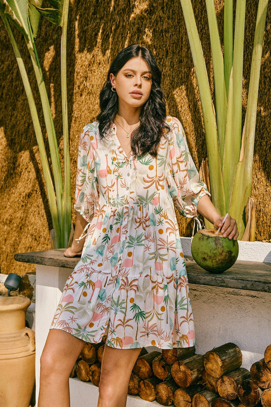 Image of Dresses. Productname: Heychic Paloma Green Tropical Button Down Mini Dress in Brown colour by brand - Heychic