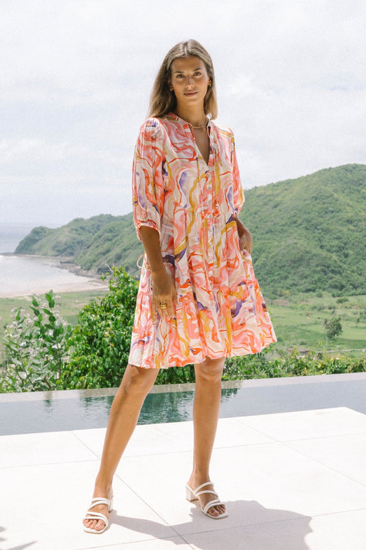 Image of Dresses. Productname: Heychic Mariella Pink Abstract Button Down Mini Dress in Pink colour by brand - Heychic