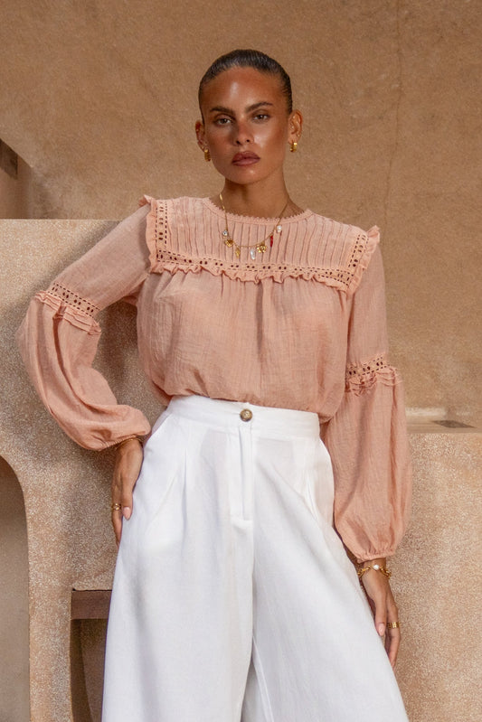 Image of a model wearing Tops. Productname: Haidyn Pink Lace and Frill Top in Pink colour by brand - Heychic