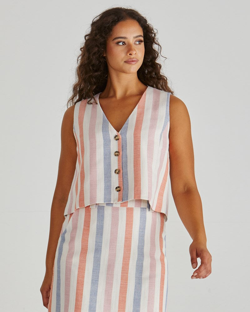 Image of a model wearing Tops. Product name - Travis Vest Multi Stripe in Multi Stripe colour by brand - Sass Clothing