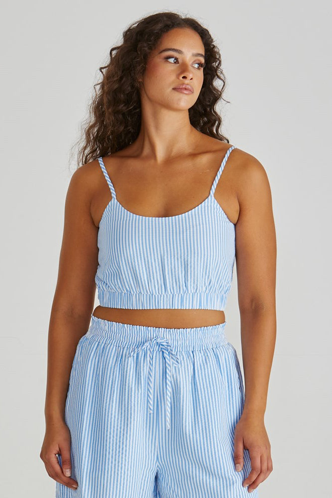 Image of T-Shirts. Product name - Alani Shirred Bralette Blue White Stripe in Blue White Stripe colour by brand - Sass Clothing