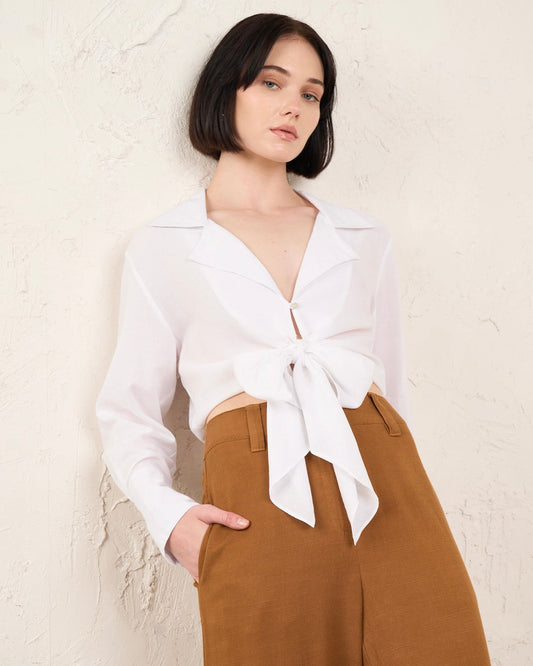 Image of a model wearing Tops. Productname: HEYCHIC Liana Collared Blouse in White colour by brand - HEYCHIC