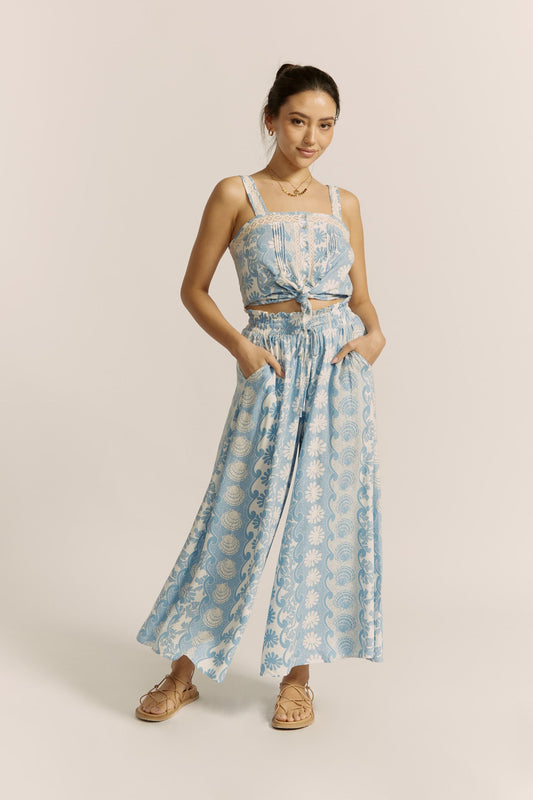 Image of a model wearing Pants. Productname: Heychic Oceane Abstract Wide Leg Pants in Blue colour by brand - Heychic