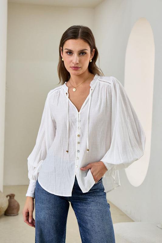 Image of a model wearing Tops. Productname: Heychic Carissa Balloon Sleeve Blouse in White colour by brand - Heychic