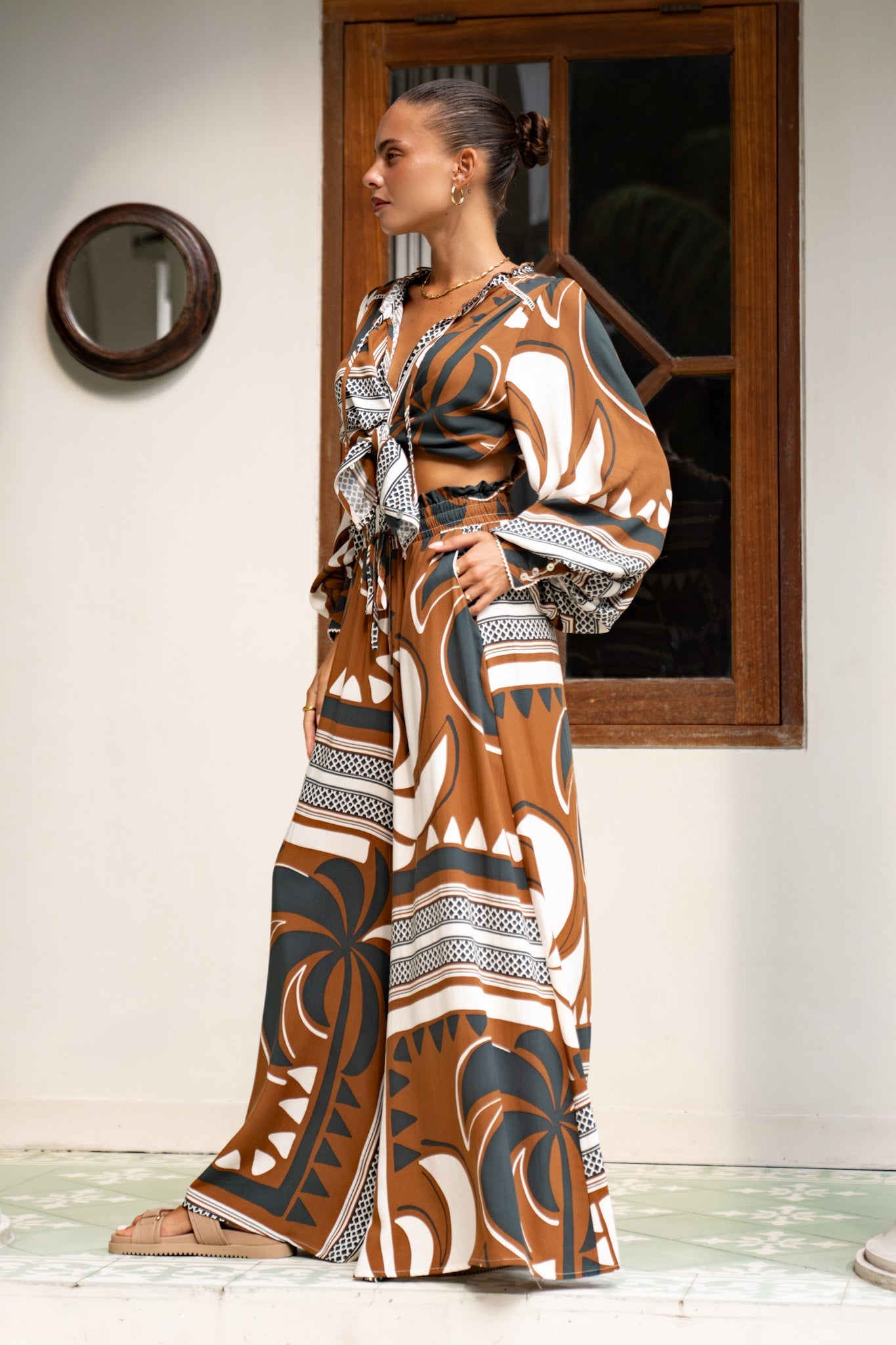 Heychic Wina Tropical Wide Leg Pants (Brown)