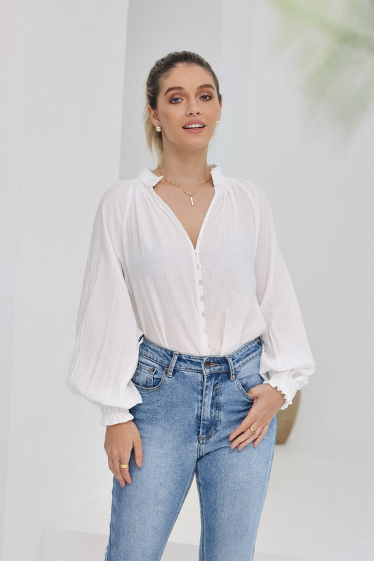 Image of a model wearing Tops. Productname: Heychic Erisa Balloon Sleeve Blouse in White colour by brand - Heychic