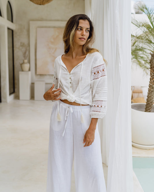 Image of a model wearing Tops. Productname: Heychic Devin White Button Down Lace Sleeve Top in White colour by brand - Heychic