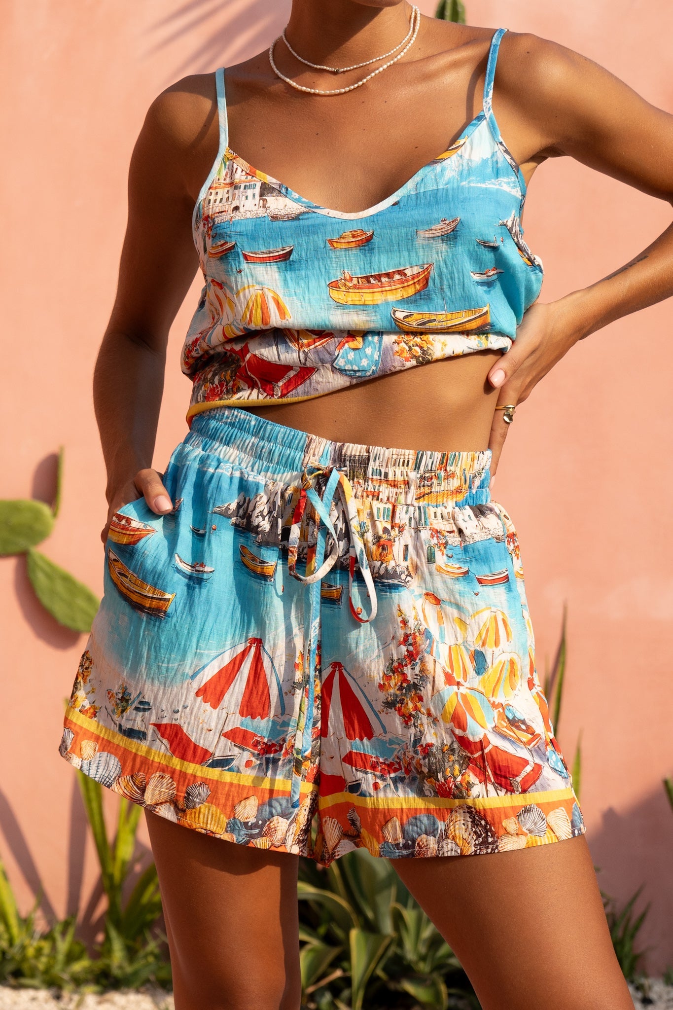 Image of a model wearing Shorts. Productname: Heychic Seaside Blue Abstract Shorts in Blue colour by brand - Heychic