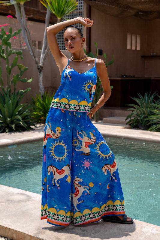 Image of a model wearing Shorts. Productname: Heychic Philippa Abstract Wide Leg Pants in Blue colour by brand - Heychic