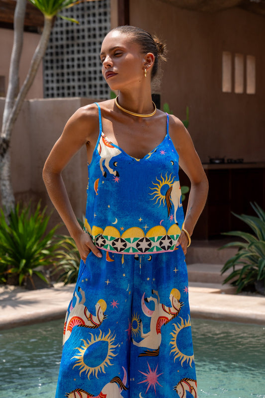 Image of a model wearing Tops. Productname: Heychic Philippa Abstract Cami Top in Blue colour by brand - Heychic