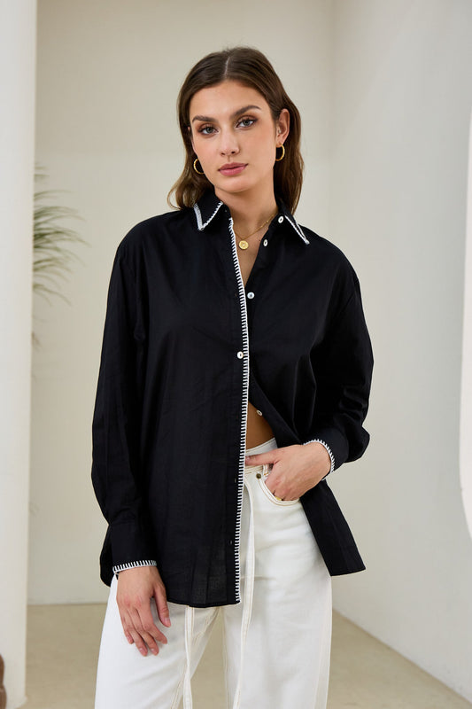 Image of a model wearing Tops. Productname: Heychic Renae Contrast Blanket Stitch Shirt in Black colour by brand - Heychic