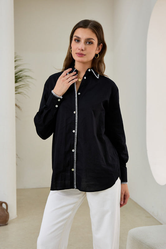 Heychic Renae Contrast Blanket Stitch Shirt (Black)