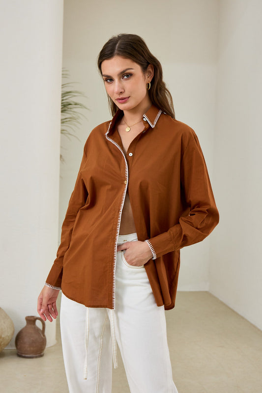 Image of a model wearing Tops. Productname: Heychic Renae Contrast Blanket Stitch Shirt in Rust colour by brand - Heychic