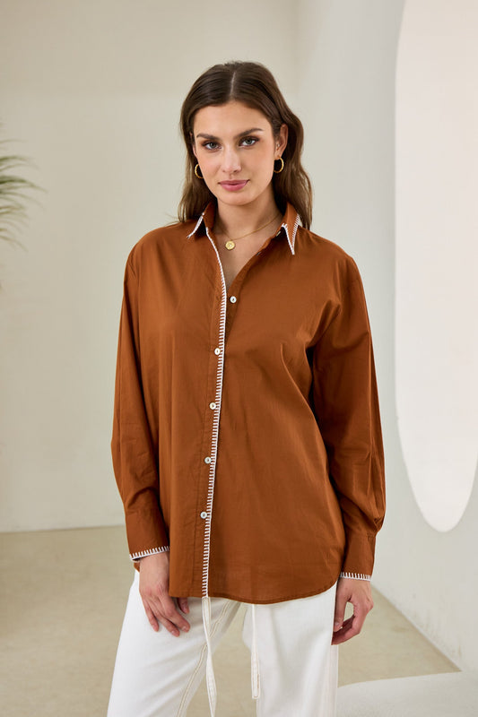 Heychic Renae Contrast Blanket Stitch Shirt (Rust)