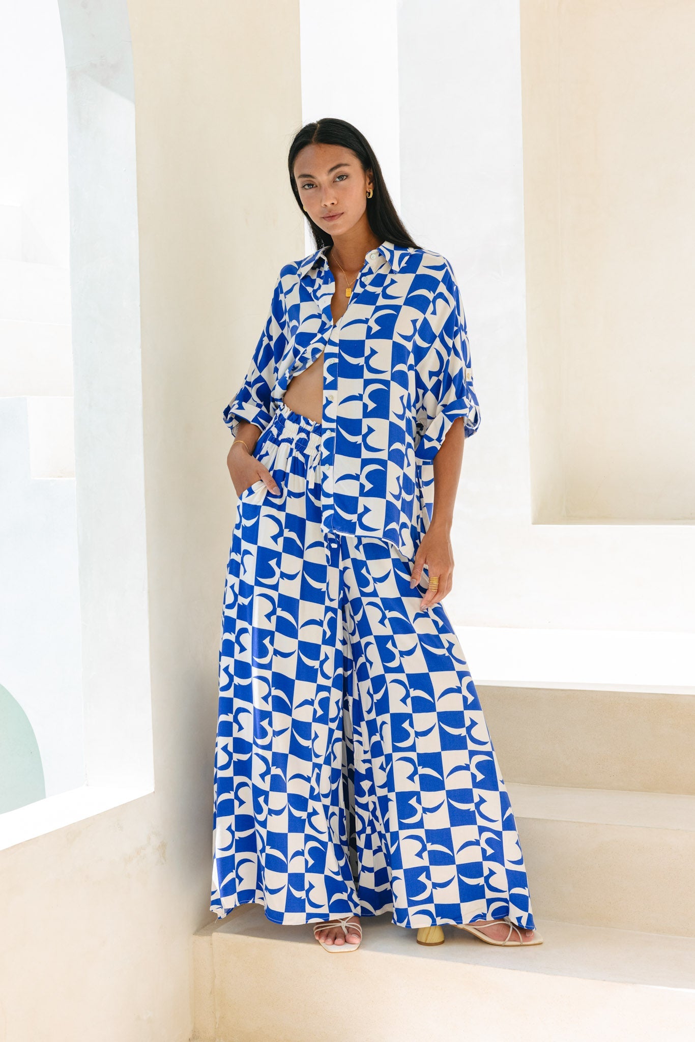 Heychic Nysa Geo Tile Wide Leg Cropped Pants (Blue)