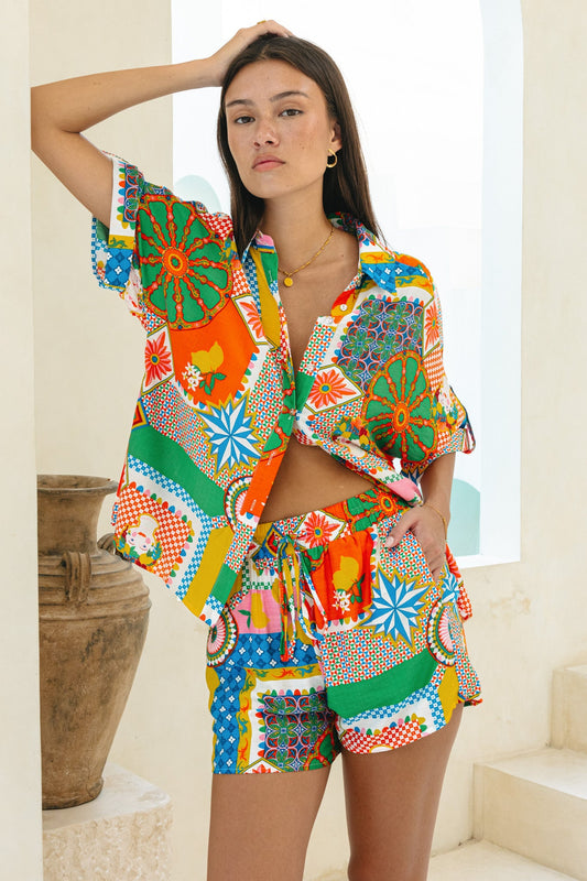 Image of a model wearing Tops. Productname: Heychic Allegra Multicolour Patchwork Shirt in Multi colour by brand - Heychic