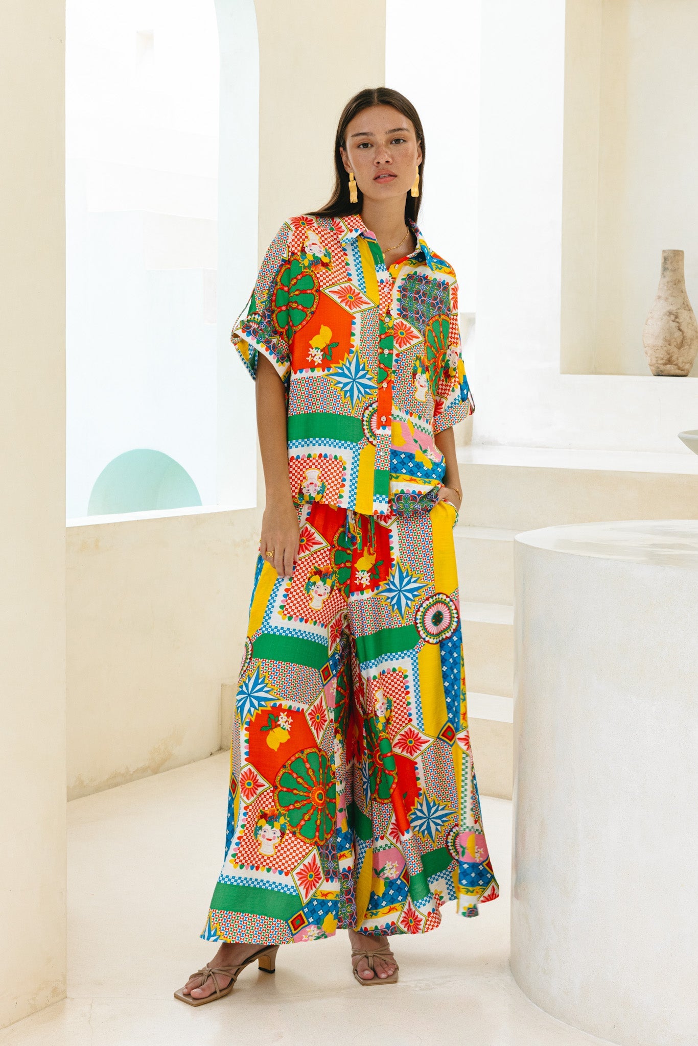Heychic Allegra Multicolour Patchwork Wide Leg Cropped Pants (Multi)